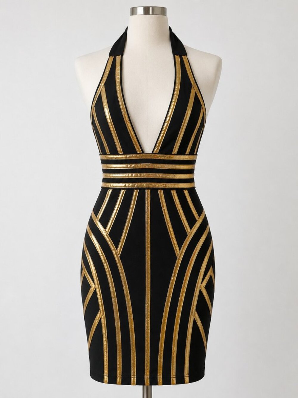 CARBON JEANS COMPANY Art Deco Black & Gold Metallic Halter Mini Dress Sz M NWT